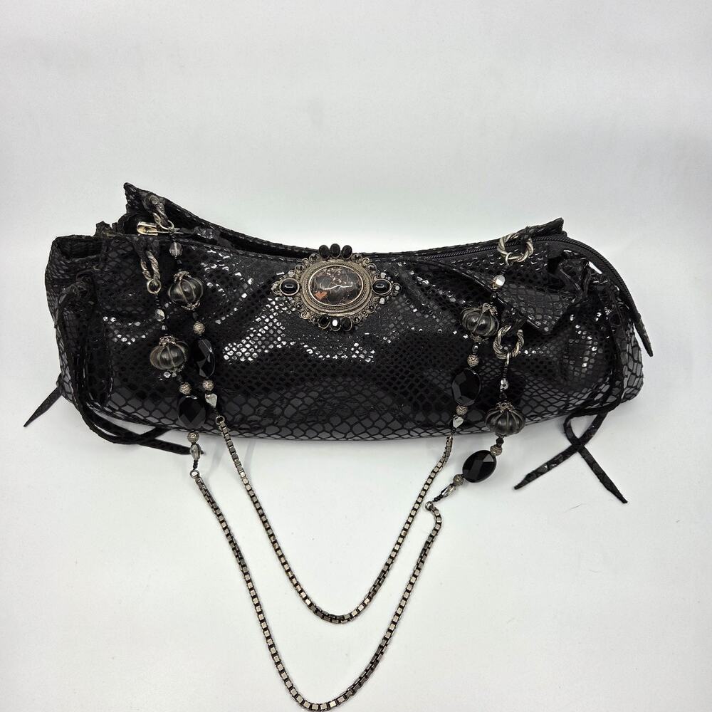 Todd Anthony NY Gothic Y2K Black Faux Snakeskin Beaded Chain Shoulder Bag